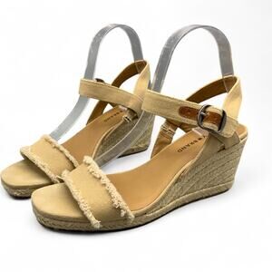 Lucky Brand Marceline Sandals Sz 8 Wedge Espadrilles Heels Tan Canvas Frayed